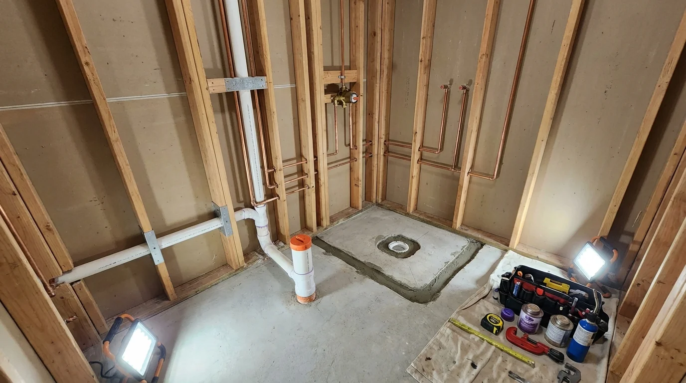 Bathroom rough-in plumbing during remodel by Johns Plumbing LLC in Dallas Center