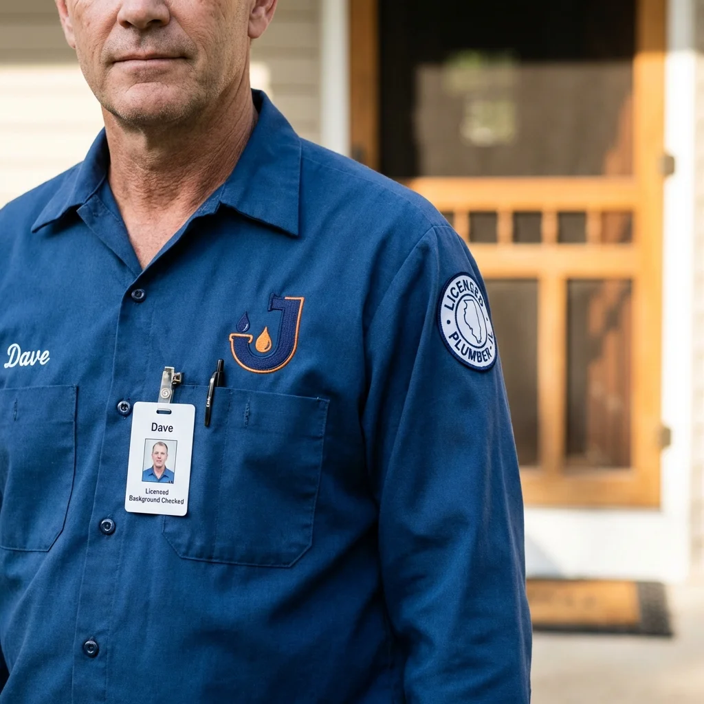 Licensed plumber showing ID badge in Dallas Center, IA