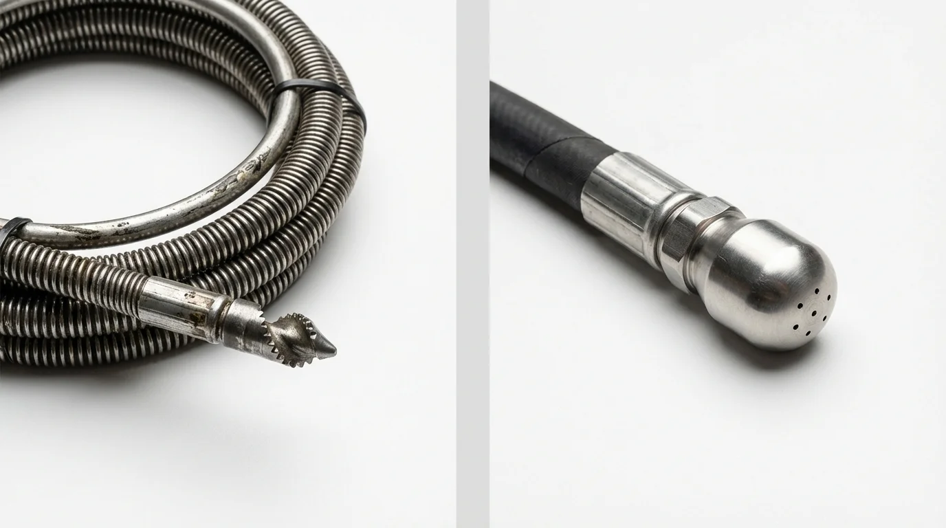 Drain snake cable and hydro jetting nozzle used for drain cleaning in Dallas Center, IA