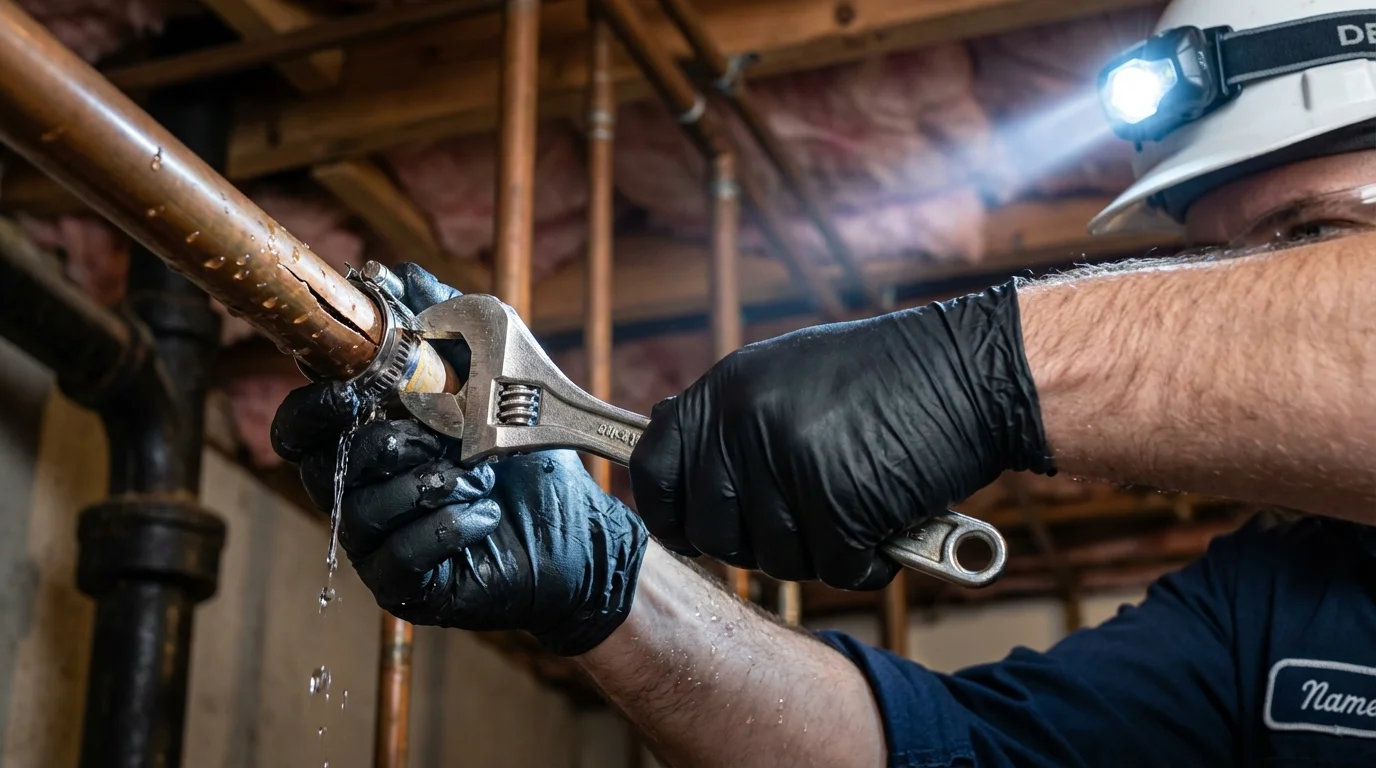 Emergency pipe clamp repair being performed by a Johns Plumbing LLC plumber in Dallas Center