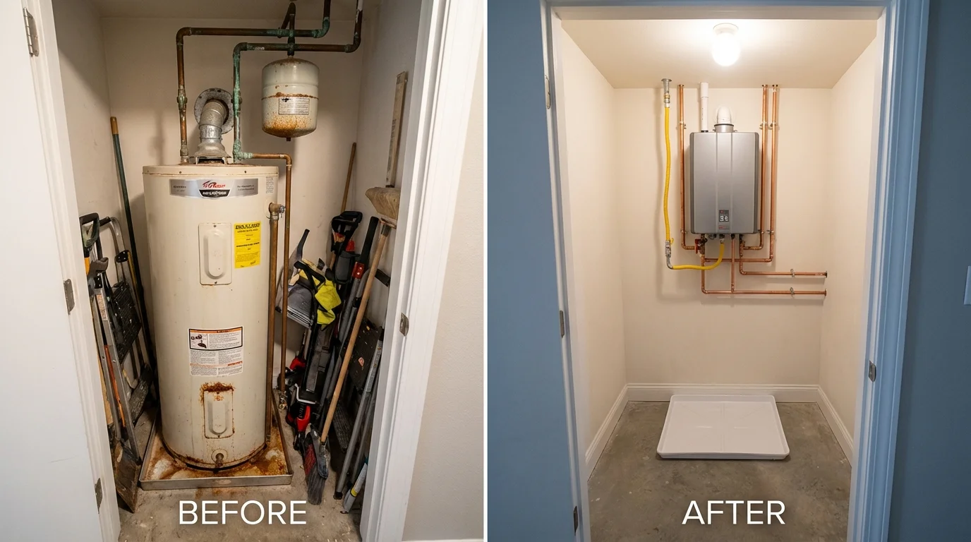 Tank water heater versus wall-mounted tankless unit comparison for Dallas Center, IA homeowners