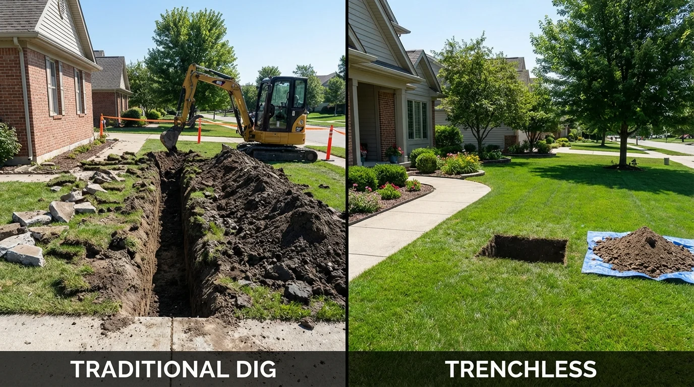 Trenchless sewer repair with minimal yard damage versus traditional excavation in Dallas Center, IA