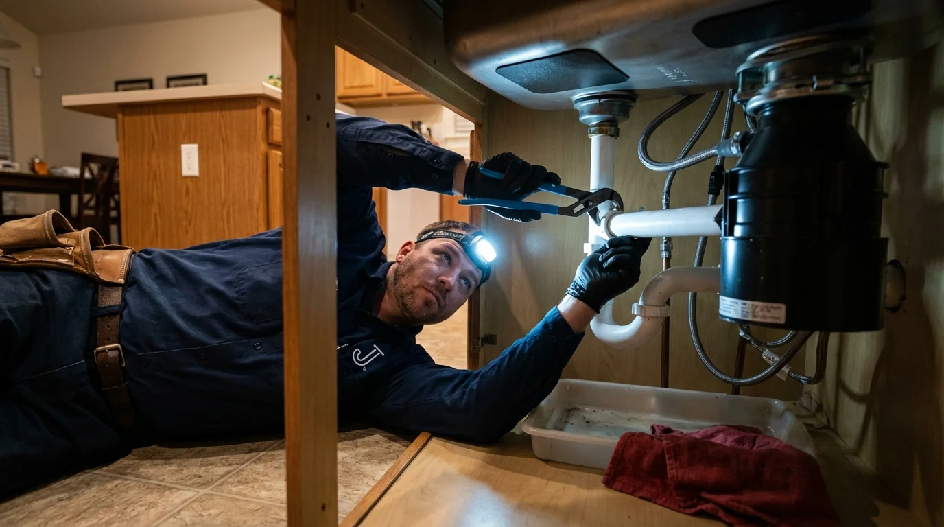 P-trap and supply line connections under a kitchen sink showing a common leak point in Dallas Center, IA